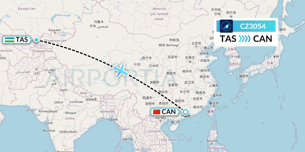 CZ3054 China Southern Airlines Flight Map: Tashkent to Guangzhou