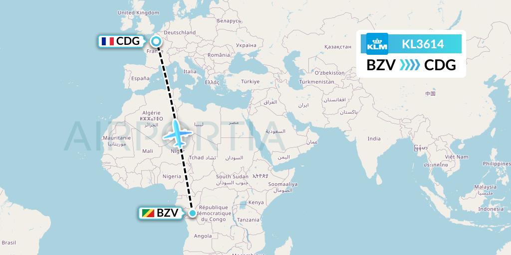 KL3614 KLM Flight Map: Brazzaville to Paris