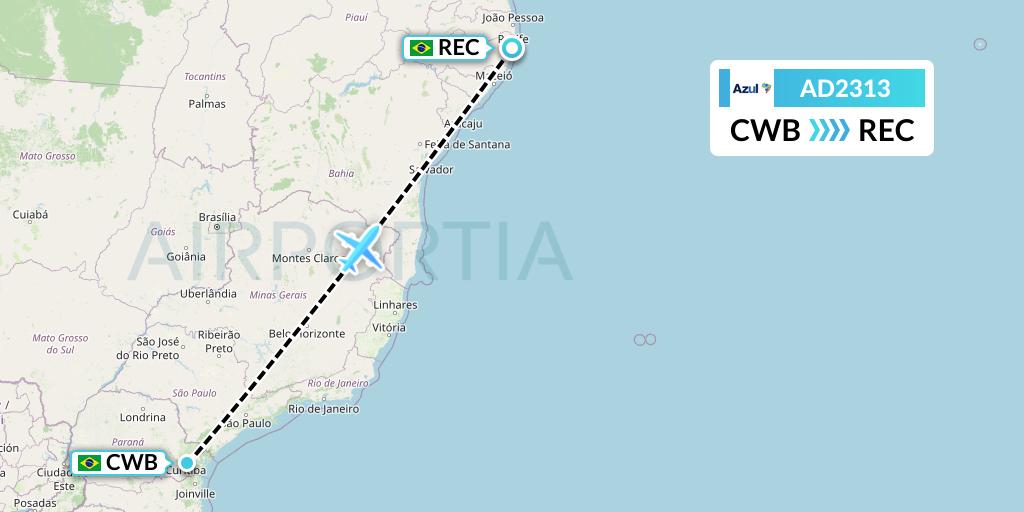 AD2313 Azul Brazilian Airlines Flight Map: Curitiba to Recife