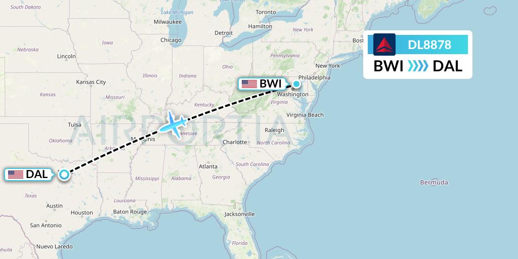 DL8878 Delta Air Lines Flight Map: Baltimore to Dallas