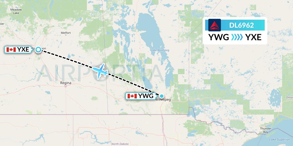 DL6962 Delta Air Lines Flight Map: Winnipeg to Saskatoon