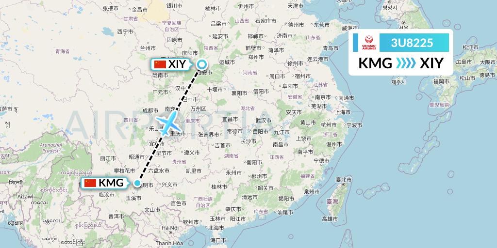 3U8225 Sichuan Airlines Flight Map: Kunming to Xi'an