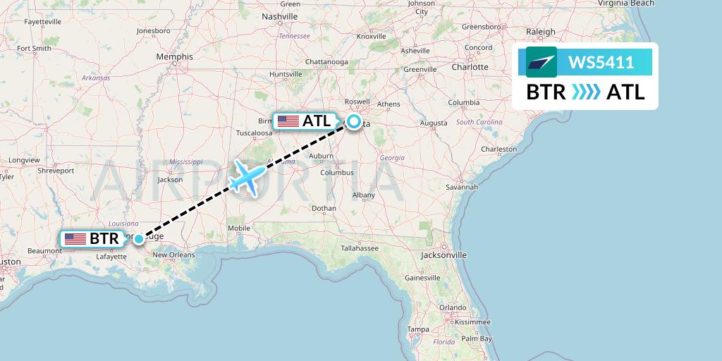 WS5411 WestJet Flight Map: Baton Rouge to Atlanta