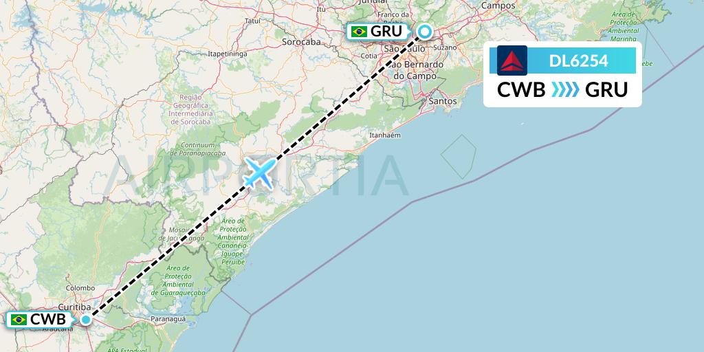 DL6254 Delta Air Lines Flight Map: Curitiba to Sao Paulo