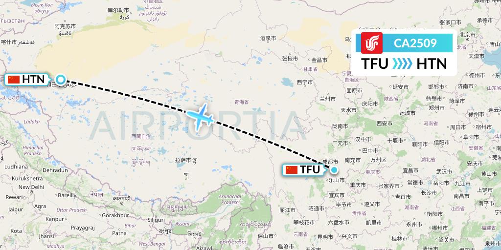 CA2509 Air China Flight Map: Chengdu to Hotan