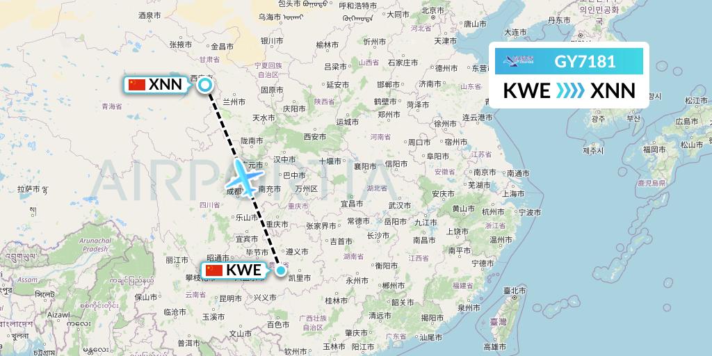 GY7181 Colorful GuiZhou Airlines Flight Map: Guiyang to Xining