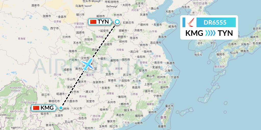 DR6555 Ruili Airlines Flight Map: Kunming to Taiyuan