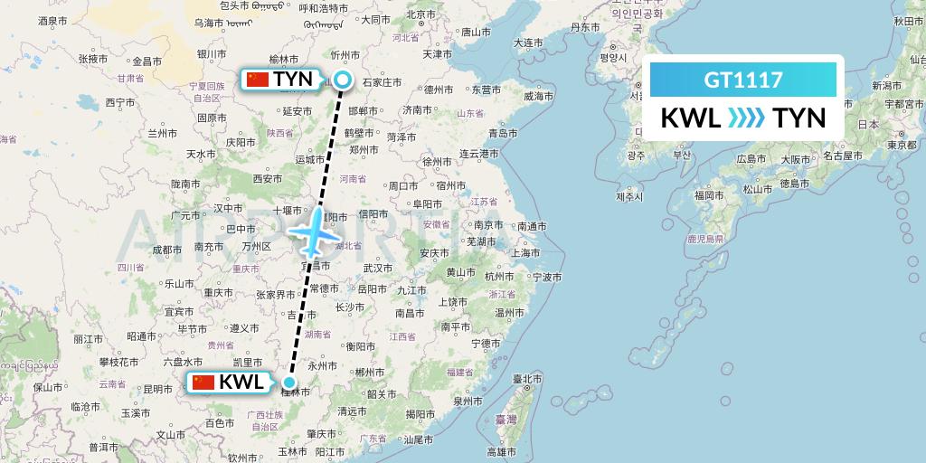 GT1117 Air Guilin Flight Map: Guilin to Taiyuan