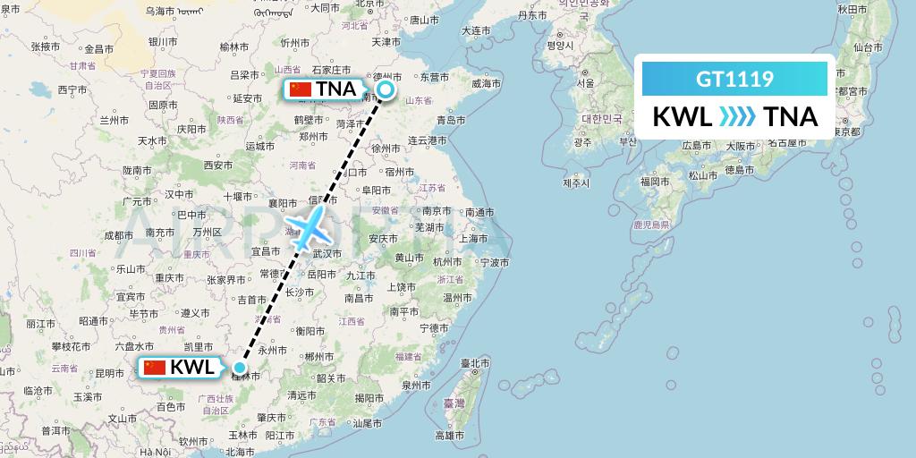 GT1119 Air Guilin Flight Map: Guilin to Jinan