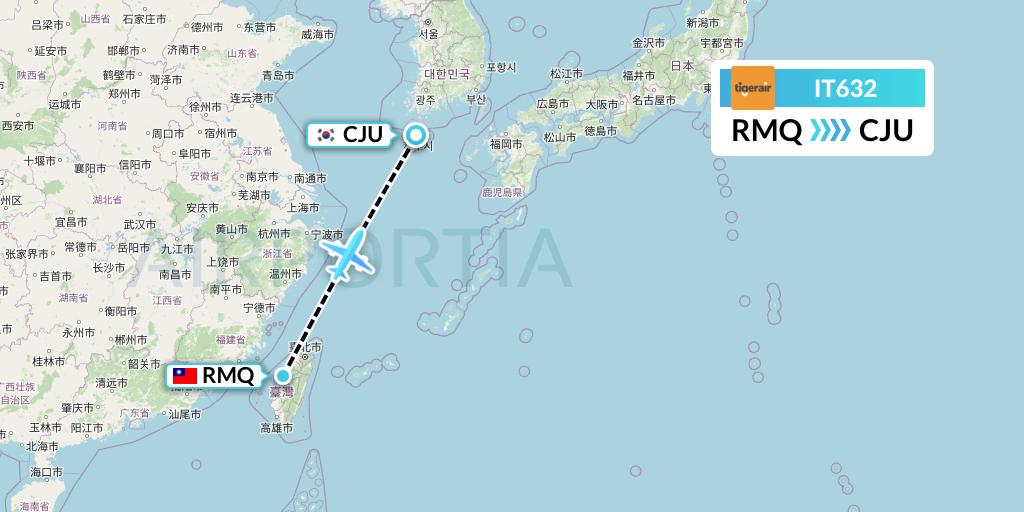 IT632 Tigerair Taiwan Flight Map: Taichung to Jeju