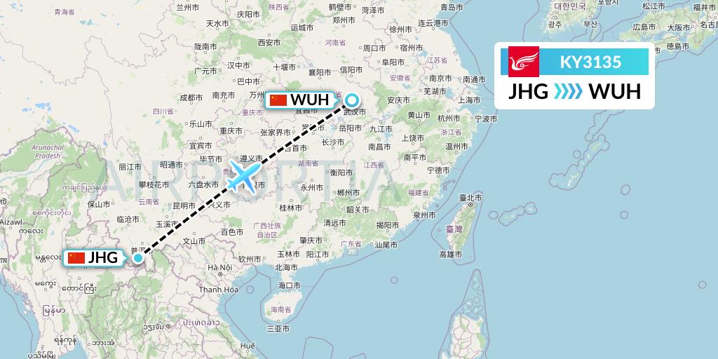 KY3135 Kunming Airlines Flight Map: Jinghong to Wuhan