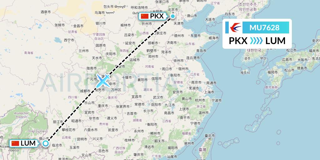MU7628 China Eastern Airlines Flight Map: Beijing to Mangshi