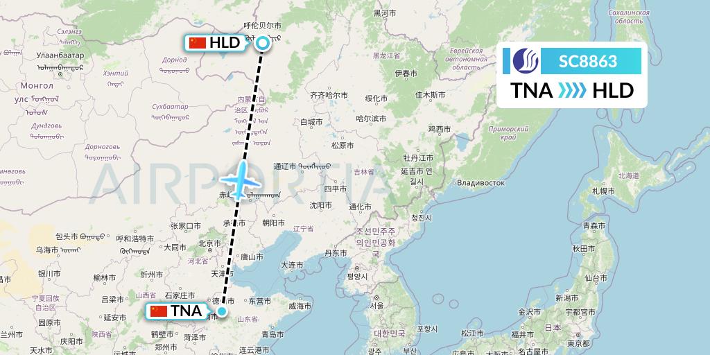 SC8863 Shandong Airlines Flight Map: Jinan to Hailar