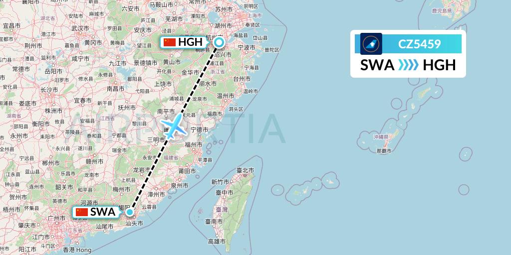 CZ5459 China Southern Airlines Flight Map: Jieyang to Hangzhou