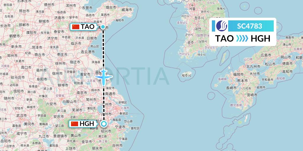 SC4783 Shandong Airlines Flight Map: Qingdao to Hangzhou