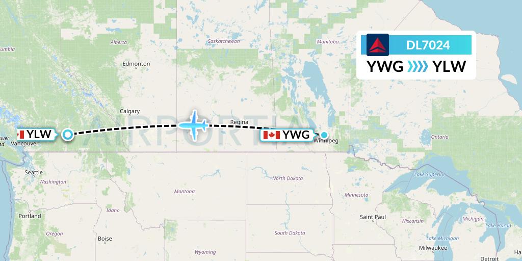 DL7024 Delta Air Lines Flight Map: Winnipeg to Kelowna