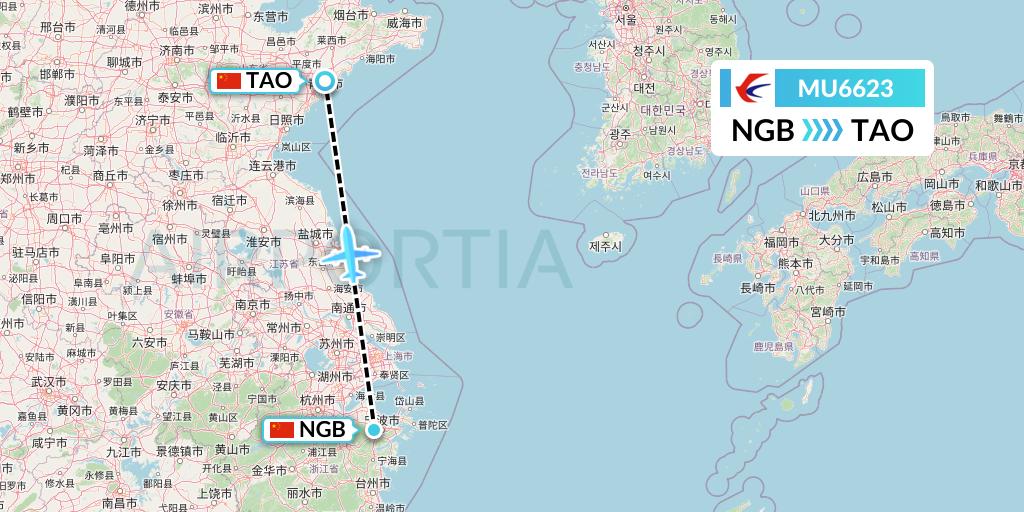 MU6623 China Eastern Airlines Flight Map: Ningbo to Qingdao
