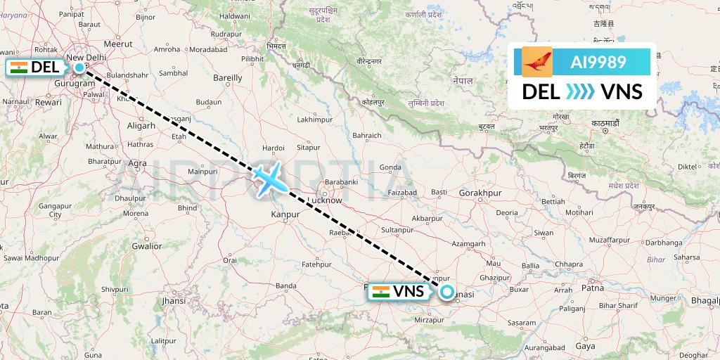 AI9989 Air India Flight Map: Delhi to Varanasi