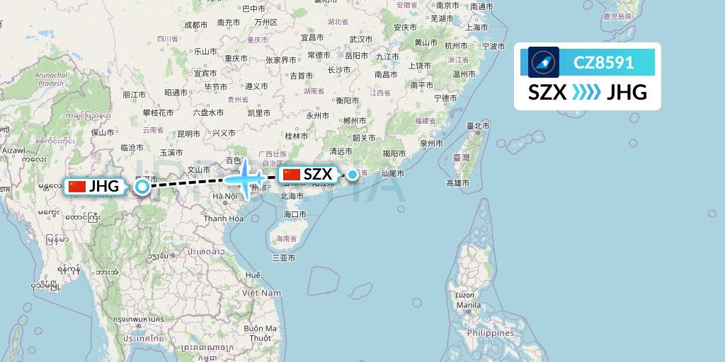 CZ8591 China Southern Airlines Flight Map: Shenzhen to Jinghong
