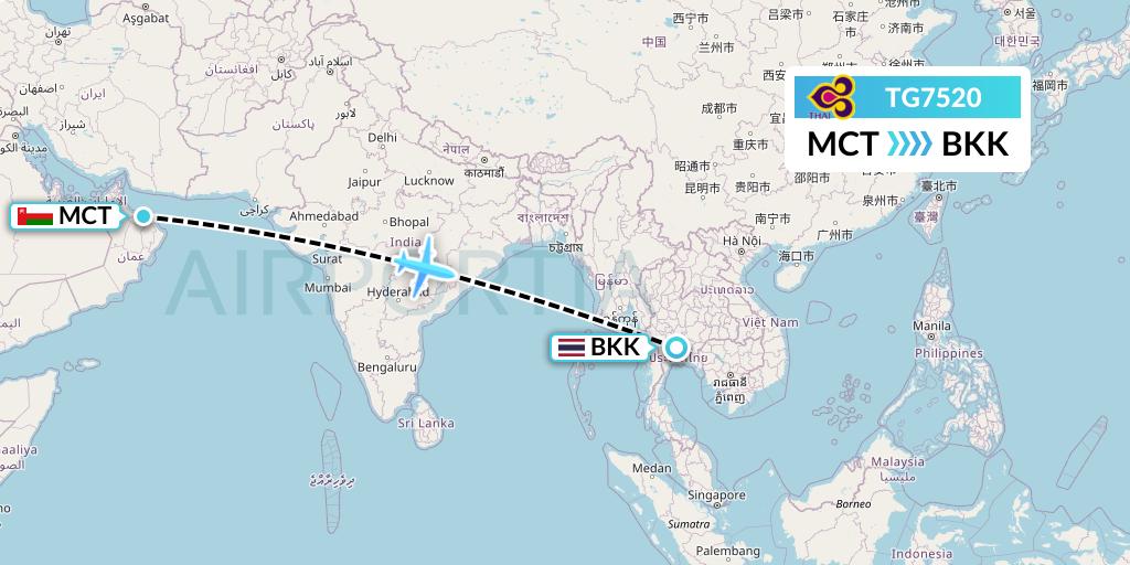 TG7520 Thai Airways Flight Map: Muscat to Bangkok