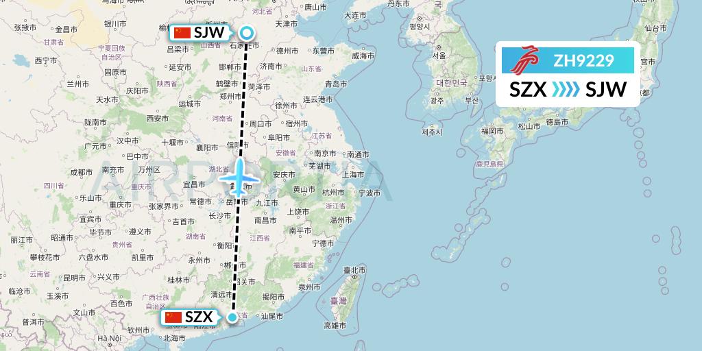 ZH9229 Shenzhen Airlines Flight Map: Shenzhen to Shijiazhuang