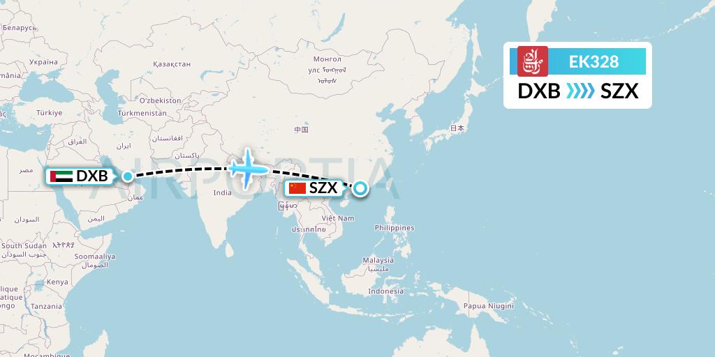 EK328 Emirates Flight Map: Dubai to Shenzhen