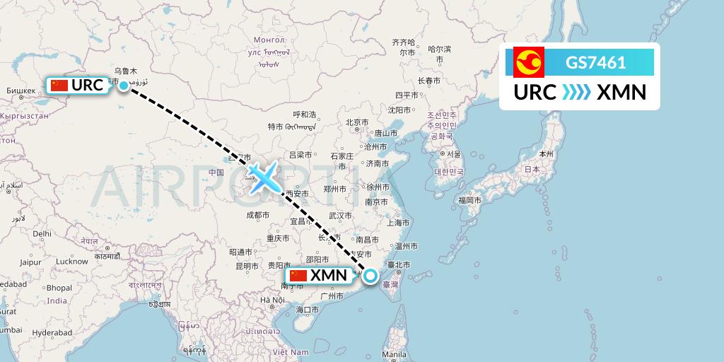 GS7461 Tianjin Airlines Flight Map: Urumqi to Xiamen