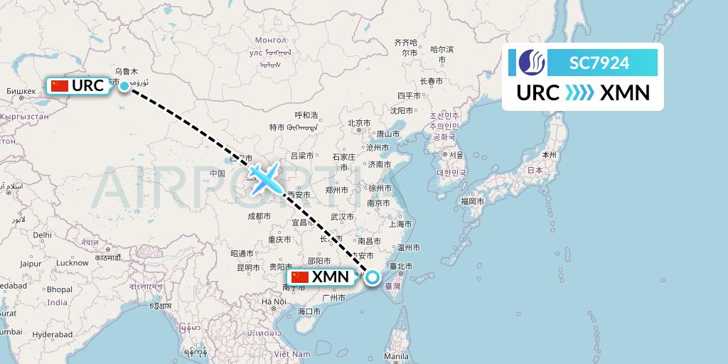 SC7924 Shandong Airlines Flight Map: Urumqi to Xiamen
