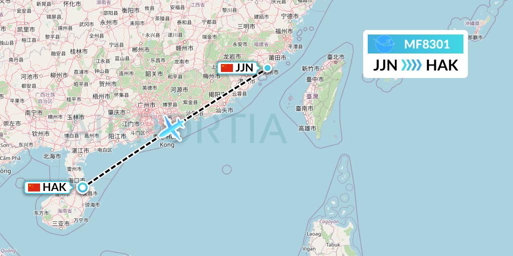 MF8301 Xiamen Airlines Flight Map: Jinjiang to Haikou