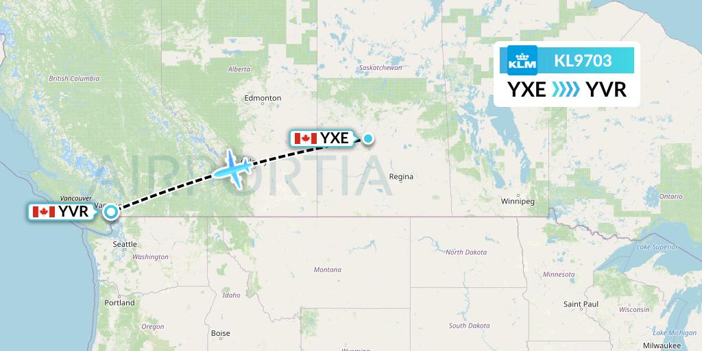 KL9703 KLM Flight Map: Saskatoon to Vancouver