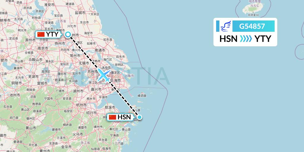 G54857 China Express Airlines Flight Map: Zhoushan to Yangzhou
