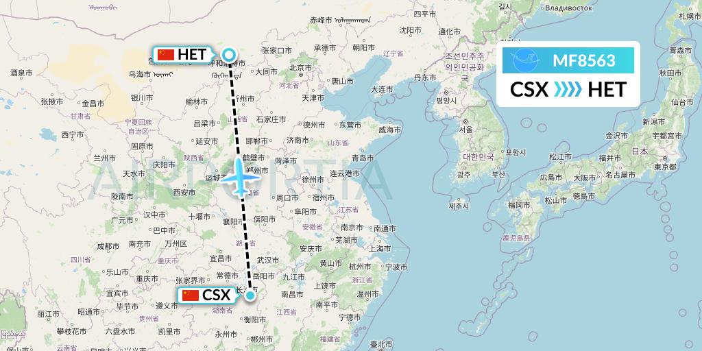 MF8563 Xiamen Airlines Flight Map: Changsha to Hohhot