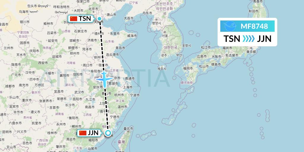 MF8748 Xiamen Airlines Flight Map: Tianjin to Jinjiang