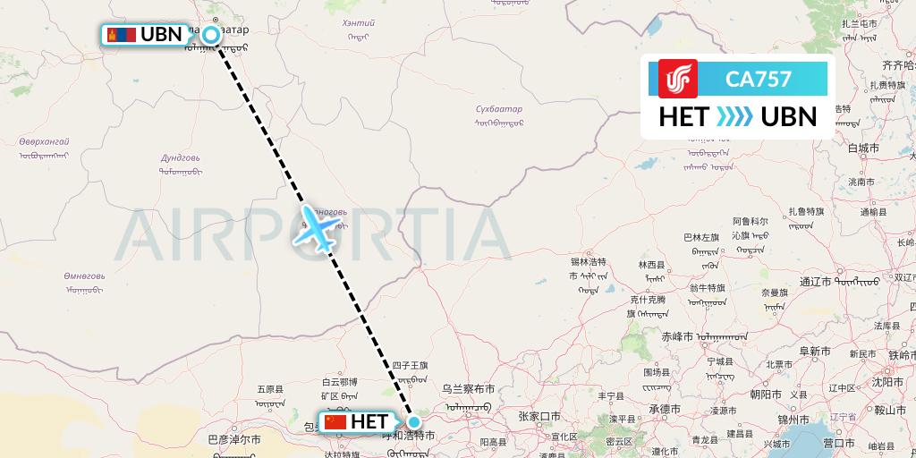 CA757 Air China Flight Map: Hohhot to Ulan Bator