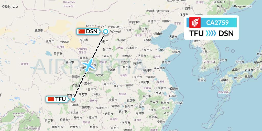 CA2759 Air China Flight Map: Chengdu to Dongsheng