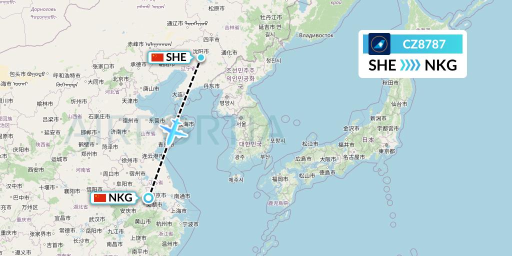 CZ8787 China Southern Airlines Flight Map: Shenyang to Nanjing