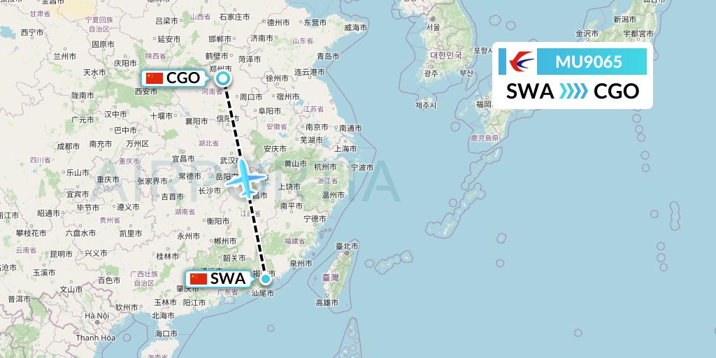 MU9065 China Eastern Airlines Flight Map: Jieyang to Zhengzhou