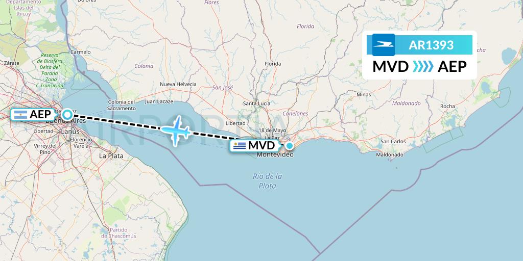 AR1393 Aerolineas Argentinas Flight Map: Montevideo to Buenos Aires