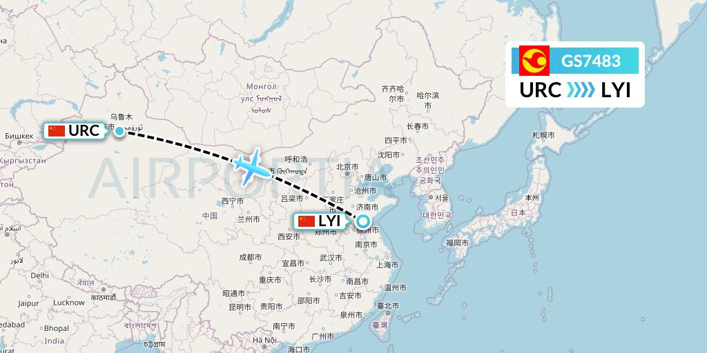 GS7483 Tianjin Airlines Flight Map: Urumqi to Linyi