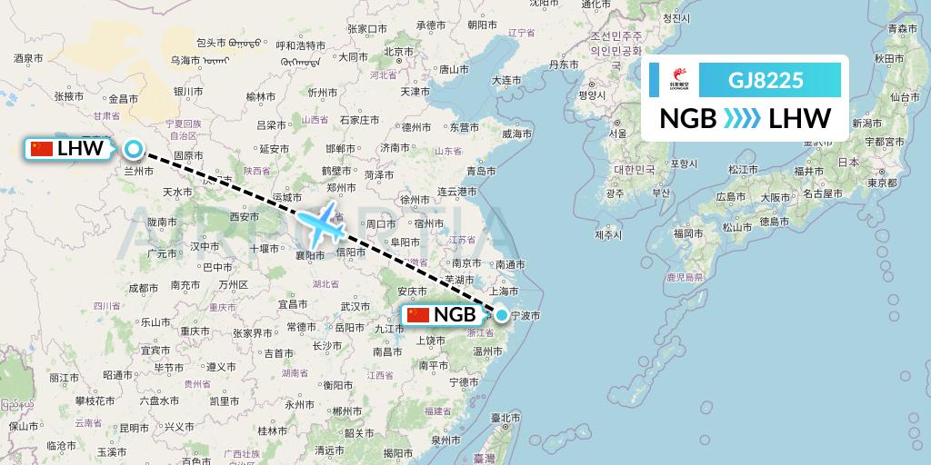 GJ8225 Loong Airlines Flight Map: Ningbo to Lanzhou