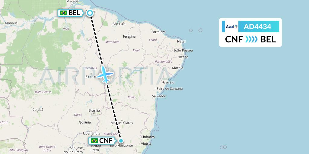 AD4434 Azul Brazilian Airlines Flight Map: Belo Horizonte to Belem