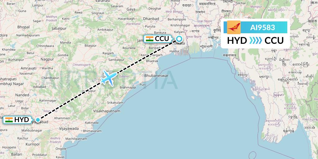 AI9583 Air India Flight Map: Hyderabad to Kolkata