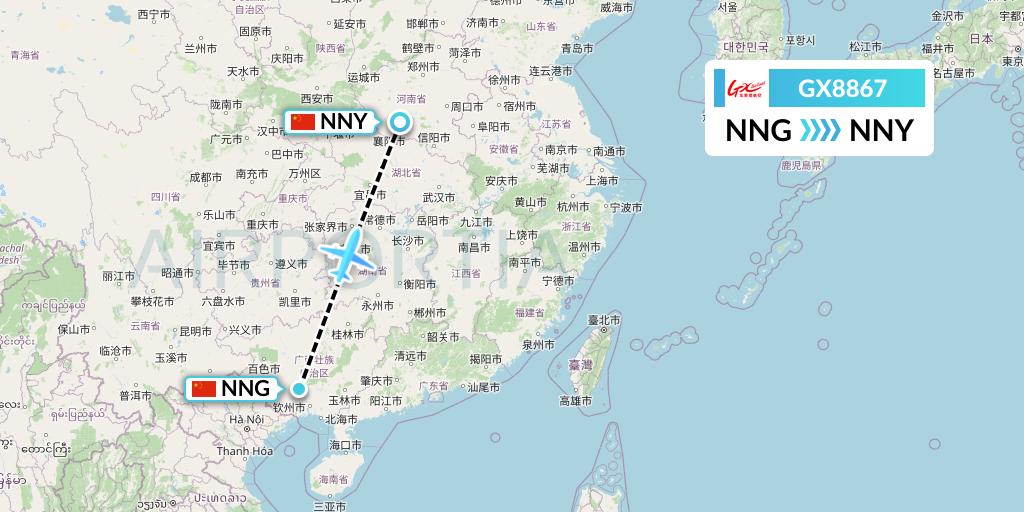 GX8867 GX Airlines Flight Map: Nanning to Nanyang
