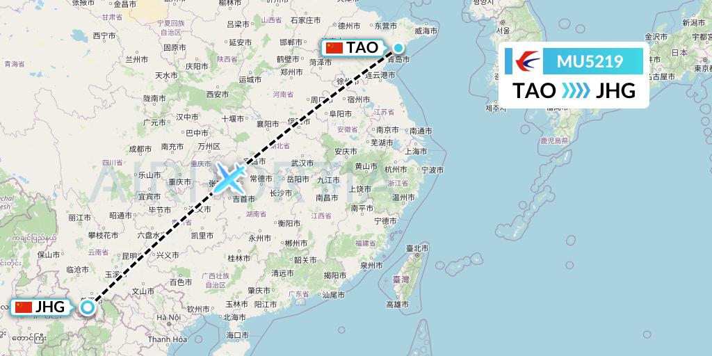 MU5219 China Eastern Airlines Flight Map: Qingdao to Jinghong