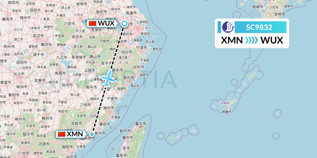 SC9832 Shandong Airlines Flight Map: Xiamen to Wuxi