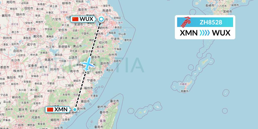 ZH8528 Shenzhen Airlines Flight Map: Xiamen to Wuxi