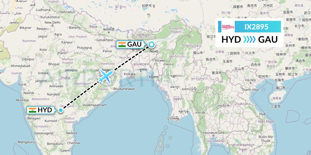 IX2895 Air India Express Flight Map: Hyderabad to Guwahati