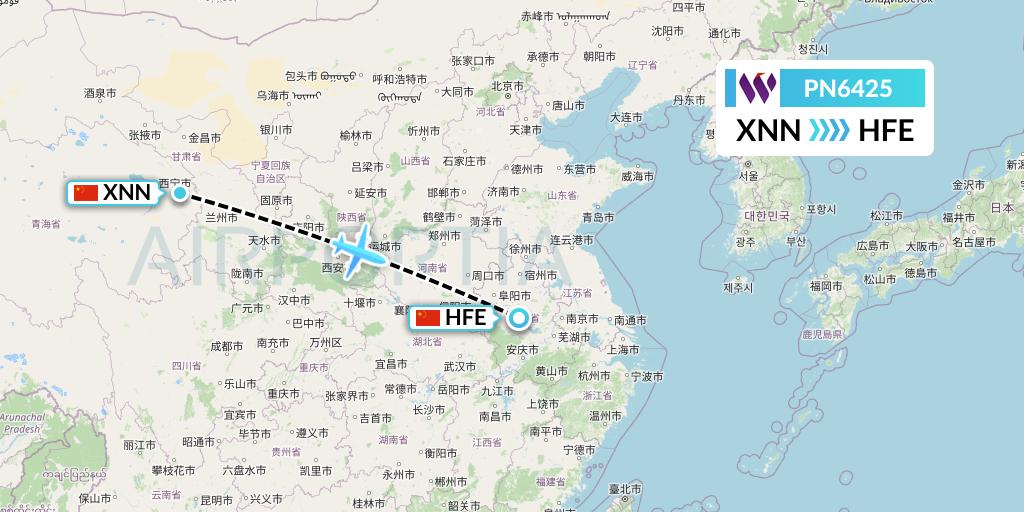 PN6425 China West Air Flight Map: Xining to Hefei