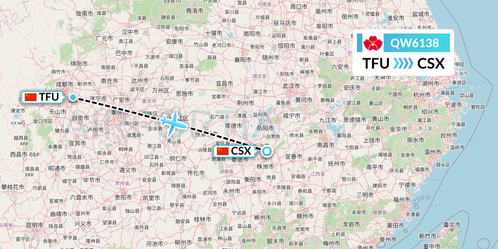 QW6138 Qingdao Airlines Flight Map: Chengdu to Changsha