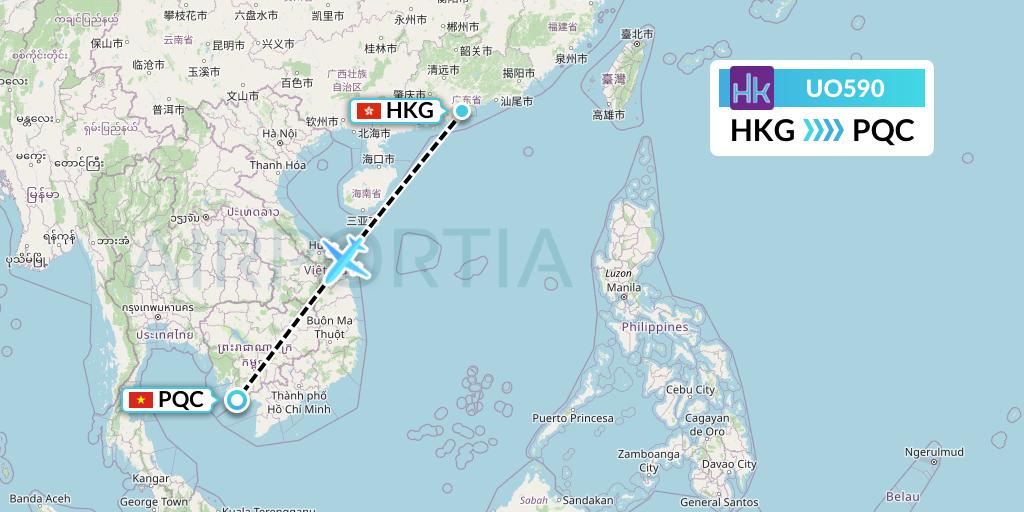 UO590 Hong Kong Express Flight Map: Hong Kong to Phu Quoc